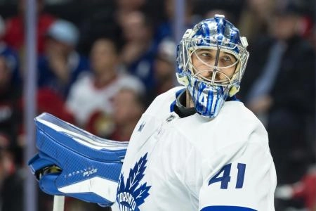 May 1, 2025; Ottawa, Ontario, CAN; Toronto Maple Leafs goalie Anthony Stolarz (41) glances over during a break in action in game six of the first round of the 2025 Stanley Cup Playoffs against the Ottawa Senators at Canadian Tire Centre. Mandatory Credit: Marc DesRosiers-Imagn Images