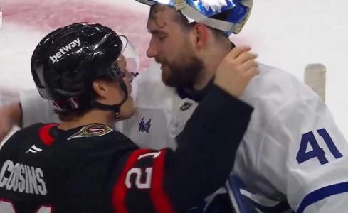 Maple Leafs Goaltender Anthony Stolarz and Ottawa Senators Forward Nick Cousins chatting during the handshake line.
