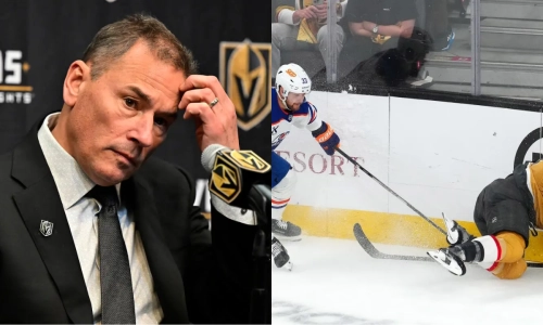 May 8, 2025; Las Vegas, Nevada, USA; Vegas Golden Knights defenseman Brayden McNabb (3) impacts the boards after being tripped by Edmonton Oilers left wing Viktor Arvidsson (33) during an overtime period of game two of the second round of the 2025 Stanley Cup Playoffs at T-Mobile Arena. Mandatory Credit: Stephen R. Sylvanie-Imagn Images