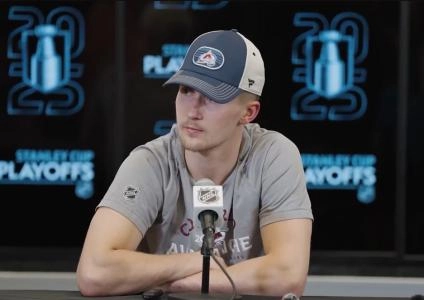 Colorado Avalanche forward Martin Necas in a press conference