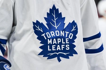 Jan 18, 2025; Montreal, Quebec, CAN; View of a Toronto Maple Leafs logo on a jersey worn by a member of the team during the second period at Bell Centre. Mandatory Credit: David Kirouac-Imagn Images