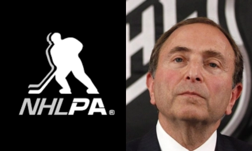 The NHLPA logo (left) and NHL commissioner Gary Bettman (right)