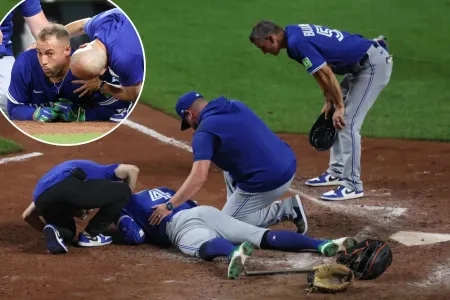 Blue Jays George Springer on the ground after being hit by pitch against the Orioles #bluejays #mlb