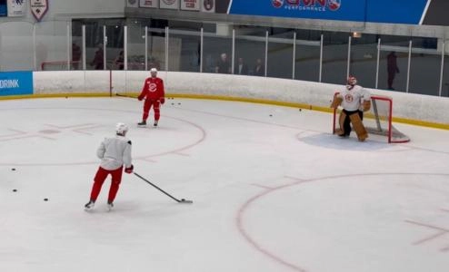 Detroit Red Wings forward Patrick Kane practicing in Chicago.
