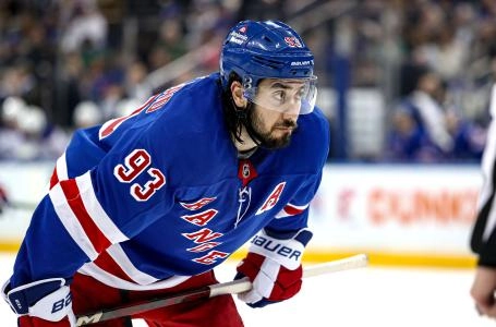 Mar 16, 2025; New York, New York, USA; New York Rangers center Mika Zibanejad (93) prepares for a face-off against the Edmonton Oilers during the second period at Madison Square Garden. Mandatory Credit: Danny Wild-Imagn Images