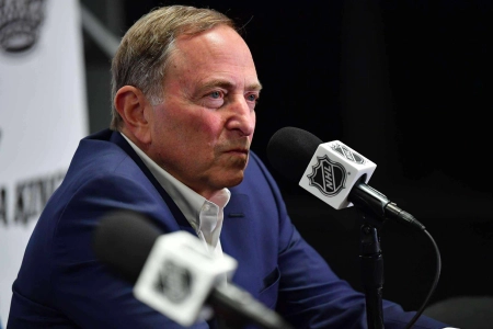 Feb 22, 2025; Los Angeles, California, USA; NHL commissioner Gary Bettman speaks during media availabilities before the Los Angeles Kings play against the Utah Hockey Club at #8294;Crypto.com#8297; Arena. Mandatory Credit: Gary A. Vasquez-Imagn Images