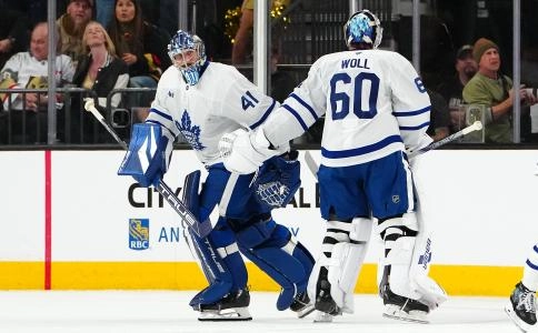 Mar 5, 2025; Las Vegas, Nevada, USA; Toronto Maple Leafs goaltender Joseph Woll (60) is pulled for Toronto Maple Leafs goaltender Anthony Stolarz (41) after surrendering three goals to the Vegas Golden Knights during the first period at T-Mobile Arena