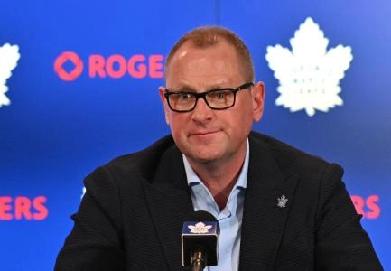 Jun 1, 2023; Toronto, Ontario, CANADA; Toronto Maple Leafs new general manager Brad Treliving is introduced at a press conference at Scotiabank Arena. Mandatory Credit: Dan Hamilton-Imagn Images