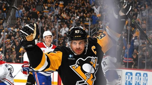 Penguins' Sidney Crosby celebrates a goal vs. Montreal