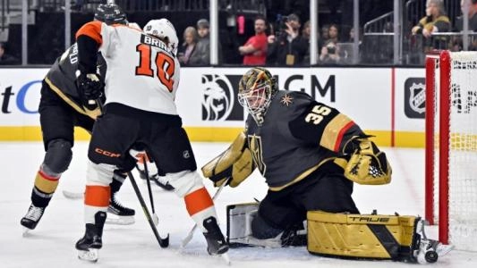 Former Vegas Golden Knights goaltender Ilya Samsonov making a save during a home game in the NHL against the Philadelphia Flyers.