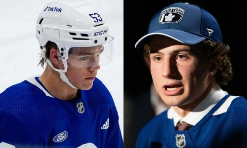 Maple Leafs prospects Easton Cowan (left) and Ben Danford (right)