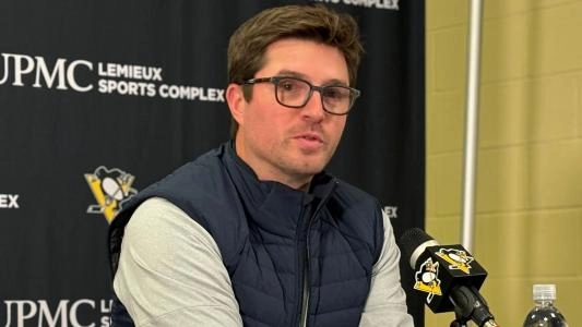 Penguins GM Kyle Dubas during a presser