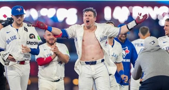 Toronto Blue Jays catcher Tyler Heineman celebrates a walk off win against the Houston Astros at Rogers Centre.