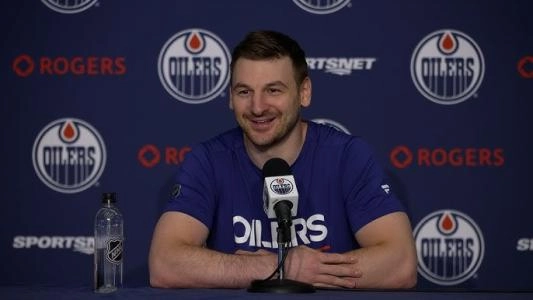Edmonton Oilers forward Zach Hyman speaking to the media ahead of training camp.