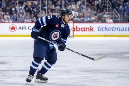Winnipeg Jets forward Nikita Chibrikov playing in a home game in the NHL.