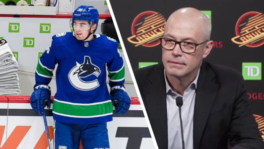 Vancouver Canucks GM Patrik Allvin and injured winger Nils Hoglander