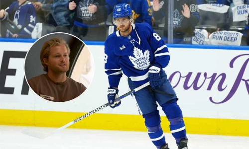 Oct 8, 2025; Toronto, Ontario, CAN; Toronto Maple Leafs right wing William Nylander (88) skates during the warmup before a game against the Montreal Canadiens at Scotiabank Arena; also pictured in insert. Mandatory Credit: Nick Turchiaro-Imagn Images