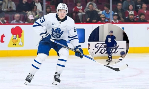 Sep 25, 2025; Montreal, Quebec, CAN; Toronto Maple Leafs forward Easton Cowan (53) skates against the Montreal Canadiens during the second period at Bell Centre. Mandatory Credit: David Kirouac-Imagn Images