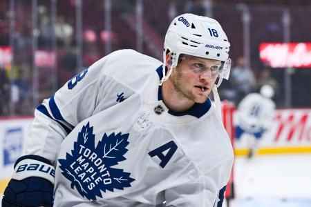 Sep 25, 2025; Montreal, Quebec, CAN; Toronto Maple Leafs forward Steven Lorentz (18) looks on during warm-up before the game against the Montreal Canadiens at Bell Centre. Mandatory Credit: David Kirouac-Imagn Images