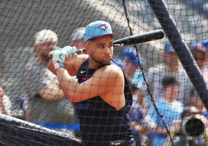 Jun 3, 2025; Toronto, Ontario, CAN; Toronto Blue Jays shortstop Bo Bichette (11) takes batting practice before a game against the Philadelphia Phillies at Rogers Centre. Mandatory Credit: Nick Turchiaro-Imagn Images