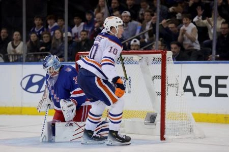 Oilers' forward Trent Frederic celebrates a goal against the New York Rangers in team's first game of road trip