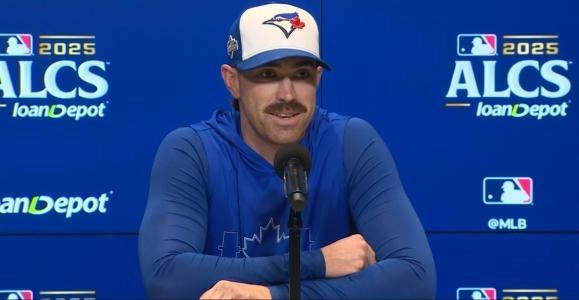 Toronto Blue Jays starting pitcher Shane Bieber speaks to the media ahead of Game 3 of the ALCS against the Seattle Mariners at T-Mobile Park.