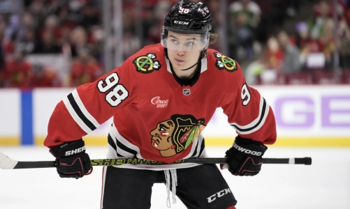 Blackhawks Connor Bedard awaits a faceoff