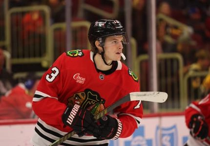 Apr 6, 2025; Chicago, Illinois, USA; Chicago Blackhawks left wing Lukas Reichel (73) warms up before the second period against the Pittsburgh Penguins at United Center. Mandatory Credit: Talia Sprague-Imagn Images