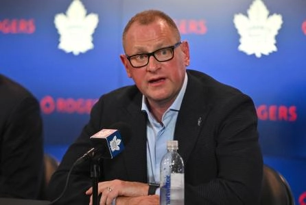 Jun 1, 2023; Toronto, Ontario, CANADA; Toronto Maple Leafs new general manager Brad Treliving is introduced at a press conference at Scotiabank Arena