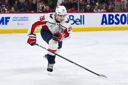 Dec 7, 2024; Montreal, Quebec, CAN; Washington Capitals center Hendrix Lapierre (29) skates towards the play against the Montreal Canadiens during the first period at Bell Centre. Mandatory Credit: David Kirouac-Imagn Images
