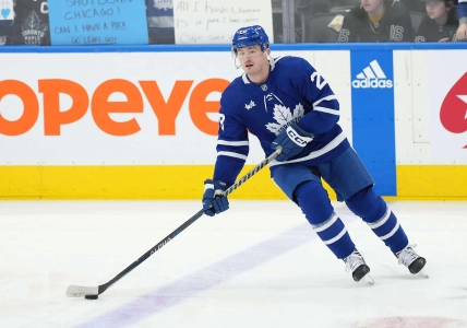 Feb 15, 2023; Toronto, Ontario, CAN; Toronto Maple Leafs right wing Joey Anderson (28) skates during the warmup against the Chicago Blackhawks at Scotiabank Arena. Mandatory Credit: Nick Turchiaro-Imagn Images