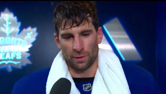 Oct. 25, 2025; Toronto Maple Leafs forward John Tavares speaks after scoring the OT winner against the Buffalo Sabres.