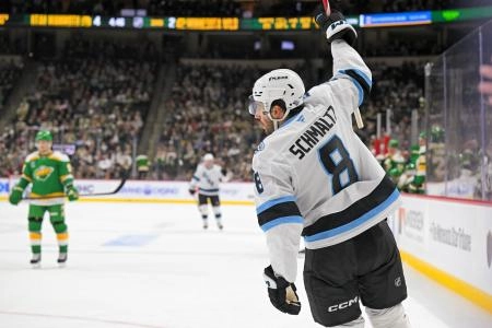 Oct 25, 2025; Saint Paul, Minnesota, USA; Utah Mammoth forward Nick Schmaltz (8) celebrates his second goal of the night against the Minnesota Wild during the third period at Grand Casino Arena