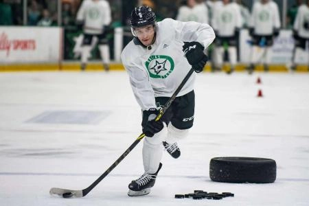 Defenseman Christian Kyrou (6) fires a shot at the goal while going through a drill during the 2022 Dallas Stars Development Camp at Comerica Center in Frisco, Texas on Friday, July 15, 2022.