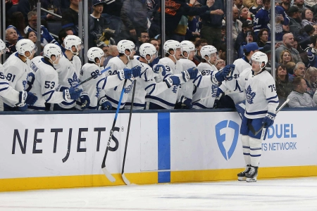Oct 29, 2025; Columbus, Ohio, USA; Toronto Maple Leafs left wing Sammy Blais (79) celebrates his goal against the Columbus Blue Jackets during the second period at Nationwide Arena. Mandatory Credit: Russell LaBounty-Imagn Images