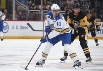 Oct 27, 2025; Pittsburgh, Pennsylvania, USA; St. Louis Blues center Brayden Schenn (10) skates with the puck ahead of Pittsburgh Penguins defenseman Ryan Shea (5) during the third period at PPG Paints Arena. Mandatory Credit: Charles LeClaire-Imagn Images