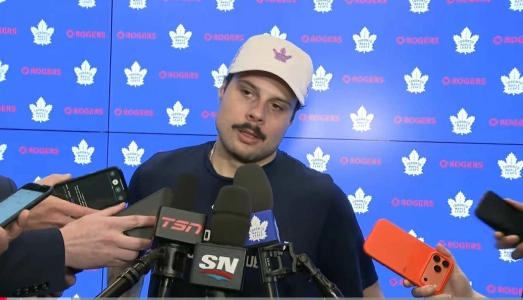 Nov 3, 2025; Toronto, Ontario, CAN; Toronto Maple Leafs forward Auston Matthews speaks to reporters after defeating the Pittsburgh Penguins at Scotiabank Arena.