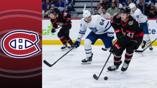 25 janvier 2025; Ottawa (Ontario, Canada); Le d&eacute;fenseur des S&eacute;nateurs d'Ottawa, Tyler Kleven (43), d&eacute;gage la rondelle du centre des Maple Leafs de Toronto, David Kampf (64), en deuxi&egrave;me p&eacute;riode au Centre Canadian Tire.