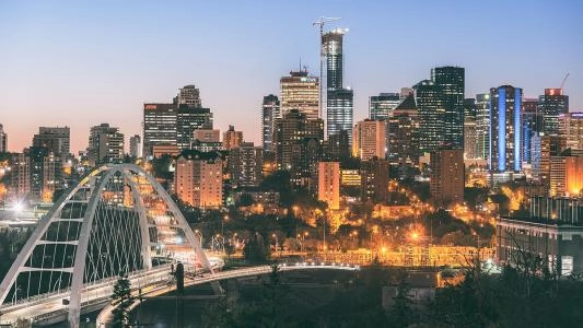 City of Edmonton skyline shown at dusk or dawn