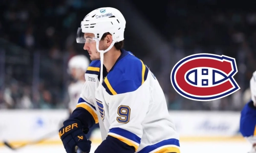 Photo of Blues forward Alexandre Texier, Canadiens logo