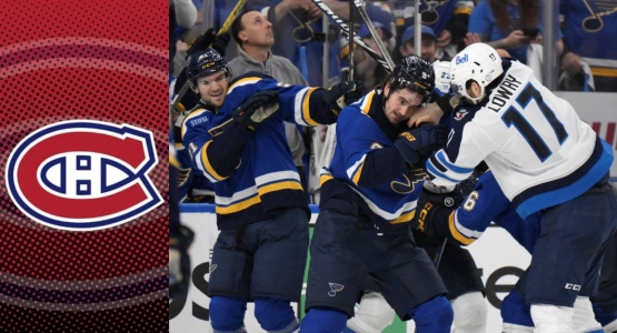 27 avril 2025 ; Saint-Louis, Missouri, &Eacute;tats-Unis ; Adam Lowry (17), centre des Jets de Winnipeg, se bat avec Alexandre Texier (9), ailier gauche des Blues de Saint-Louis, durant la troisi&egrave;me p&eacute;riode du quatri&egrave;me match du premier tour des s&eacute;ries &eacute;liminatoires de la Coupe Stanley 2025 au Enterprise Center.