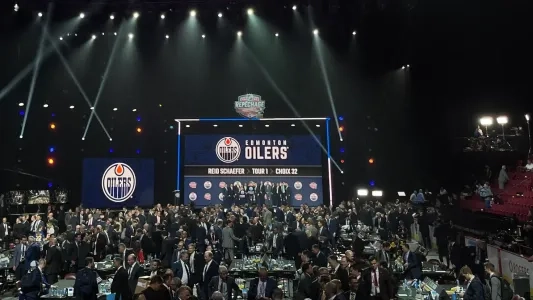 Edmonton Oilers logo shown at the NHL draft