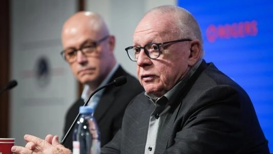Vancouver Canucks President Jim Rutherford and GM Patrik Allvin at a presser