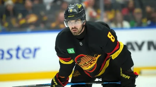 Vancouver Canucks' Conor Garland lines up for the faceoff