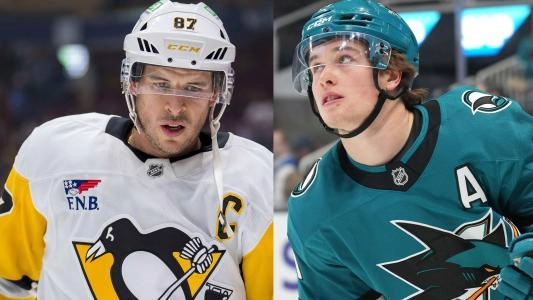 Pittsburgh Penguins' Sidney Crosby (left) and San Jose Sharks' Macklin Celebrini (right)