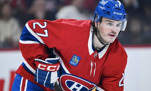 4 octobre 2025 ; Montr&eacute;al, Qu&eacute;bec, CAN ; L'ailier gauche des Canadiens de Montr&eacute;al Samuel Blais (27) attend la mise au jeu contre les S&eacute;nateurs d'Ottawa pendant la deuxi&egrave;me p&eacute;riode au Centre Bell.