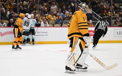 Pittsburgh Penguins' Sergei Murashov skates after letting in a goal