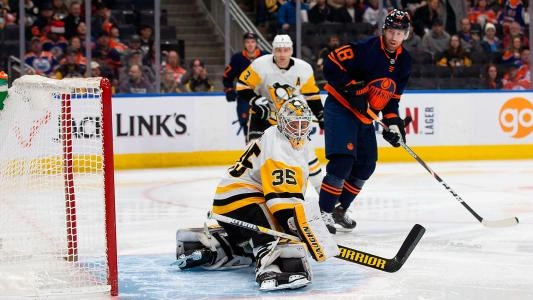 Pittsburgh Penguins' Tristan Jarry blocks a shot vs. the Edmonton Oilers