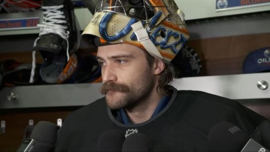 Edmonton Oilers goaltender Stuart Skinner addressing the media during a press conference.
