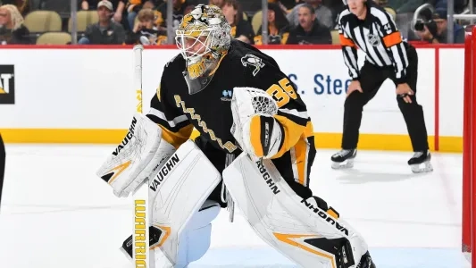 Pittsburgh Penguins goaltender Tristan Jarry playing in a home game in the NHL.
